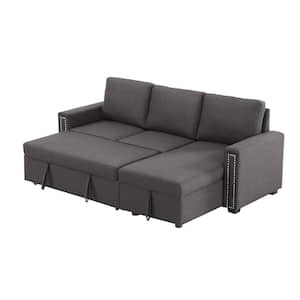 83 in. Square Arm 3-Pieces Linen L-Shape Reversible Sectional Sofa Storage Chaise in Dark Gray Pull Out Sleeper Sofa
