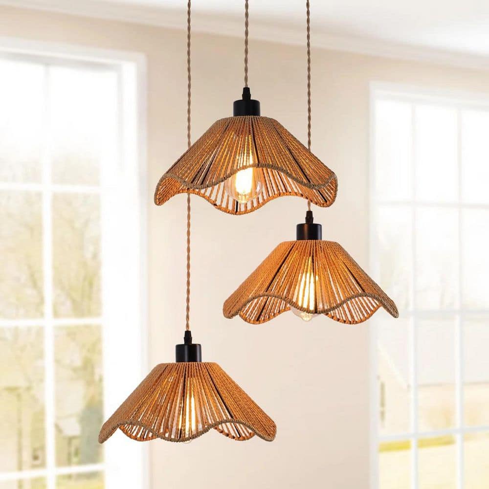 60-Watt 3-Light Black Boho Farmhouse Pendant-Light with Rattan Shade for Kithchen Island and Bedroom, No Bulbs Included price history on PriceWatchPro