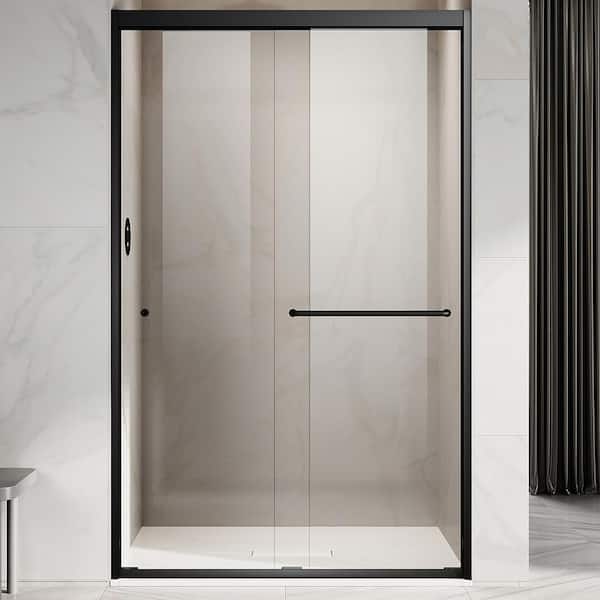 UNIKOO UKD06 46 to 49 in. W x 72 in. H Double Sliding Semi-Frameless Shower Door in Matte Black, EnduroShield Clear Glass