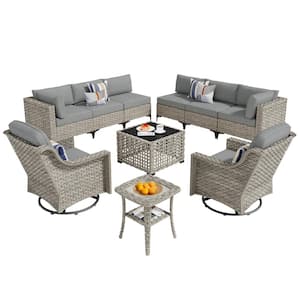 Thor 10-Piece Wicker Patio Conversation Seating Sofa Set with Dark Gray Cushions and Swivel Rocking Chairs