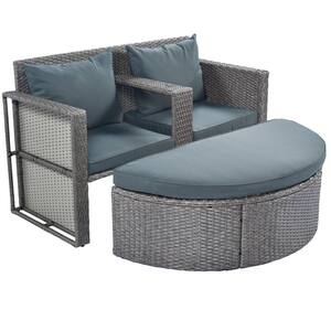 2-Piece Wicker Outdoor Patio Loveseat Set with Umbrella Hole Half-moon Side Table and Gray Cushions