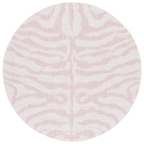 SAFAVIEH Courtyard Ivory/Pink 7 ft. Round Zebra Indoor/Outdoor Area Rug