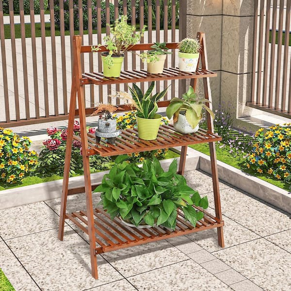 ANGELES HOME 3 Tiers Brown Bamboo Wood Specialty Plant Stand Shelf