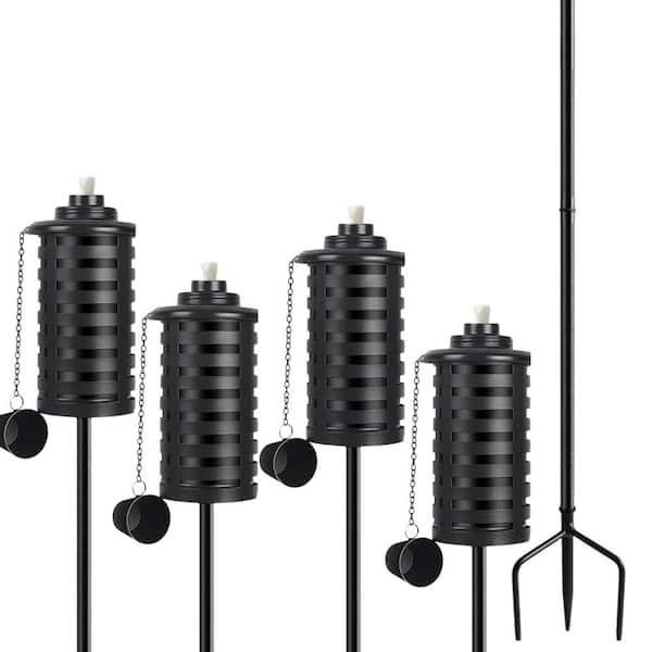 Misopily 59 in. Black Metal Outdoor Citronella Garden Torches with Adjustable Height and 3-Prong Stake for Patio Decor 4-Pack
