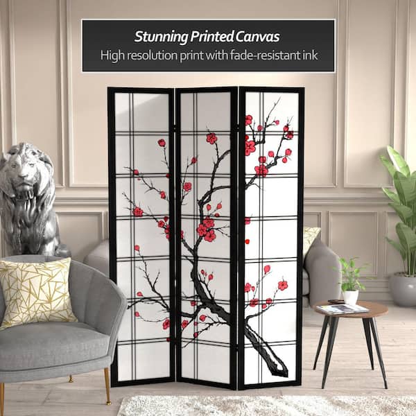 RED LANTERN 6 ft. Black Canvas Cherry Blossom 3-Panel Room Divider