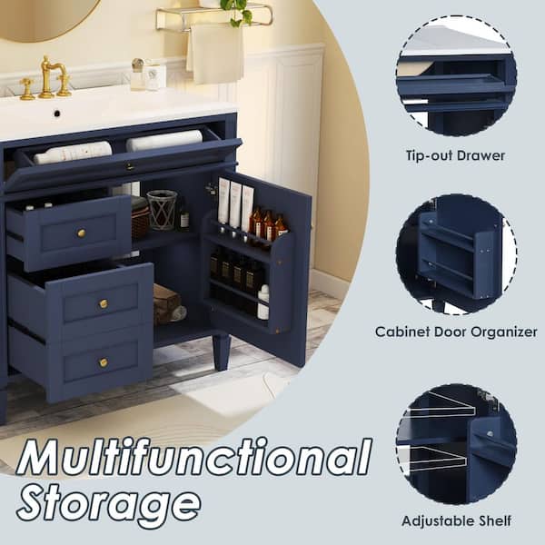 Magic Home 36 in. Blue Bathroom Vanity with White Ceramic