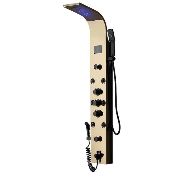 HOMEMYSTIQUE 8-Jet Rainfall Shower Panel System with Waterfall Shower Head and Shower Wand With LED Light in Black Gold
