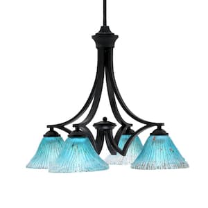 Clevelend 4-Light Matte Black Chandelier, Round Chandelier with 7 in. Teal Crystal Glass Shades, No bulbs included