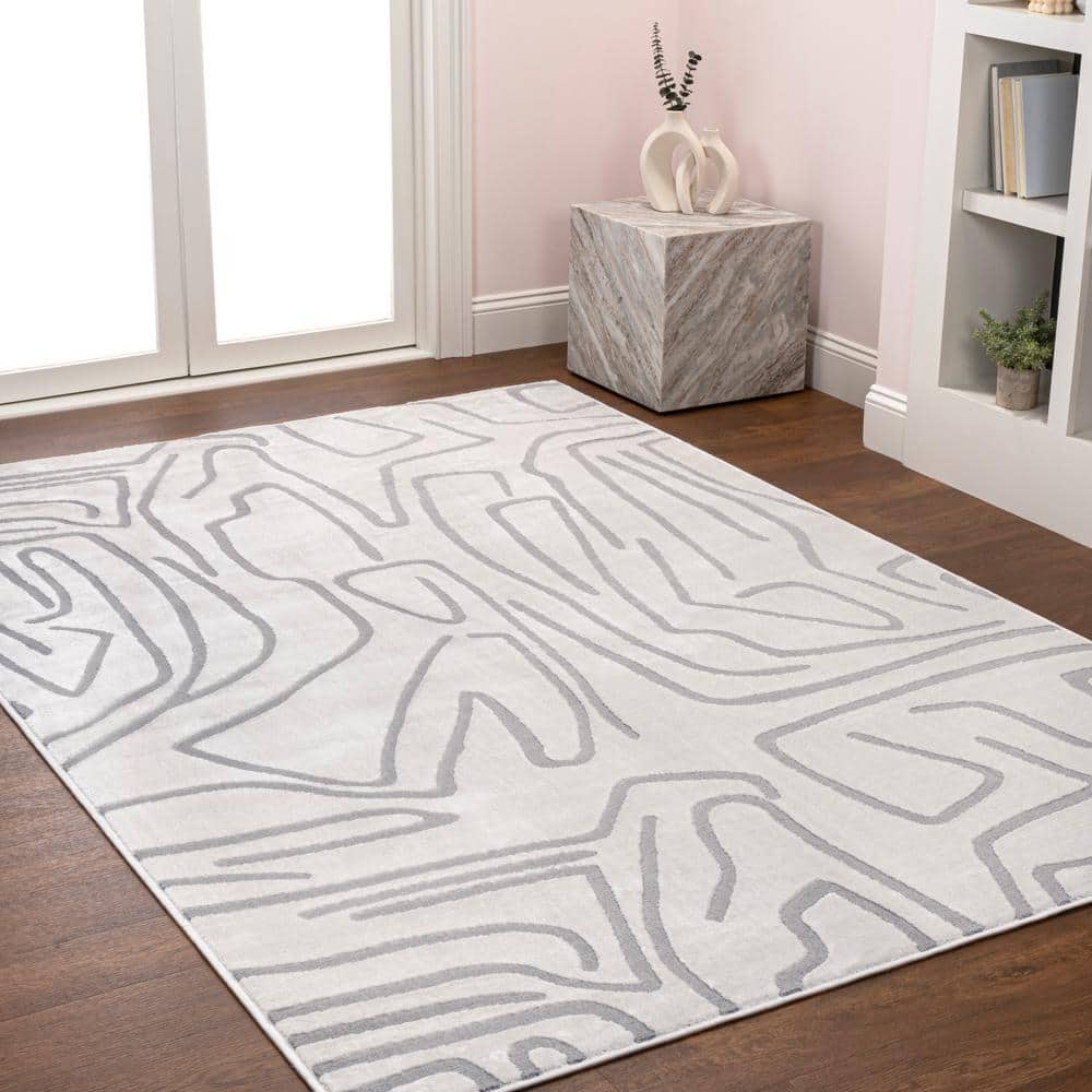 White and Light Gray Abstract High-Low 8' x 10' Area Rug