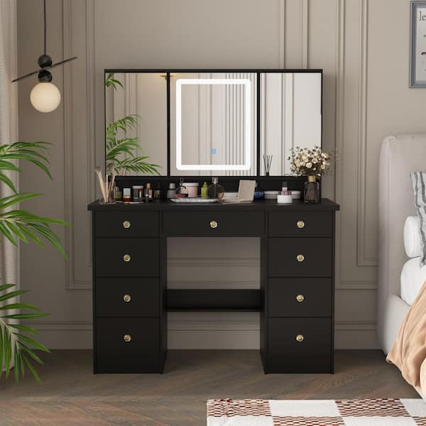Black Modern Makeup Vanity Desk 9-Drawers Wood Dressing Table with 3 Mirrors, Hidden Storage Shelves, LED Lighted Lights