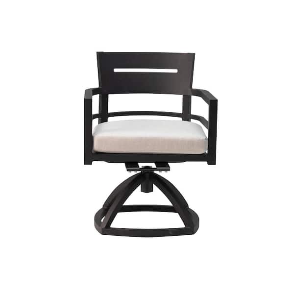2-Piece Black Metal Swivel Outdoor Rocking Chair with Beige Cushions