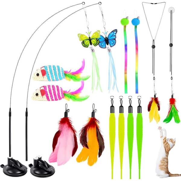 Interactive Cat Toys Set 14 Pieces 4 in 1 Kitten Wand Toys with Suction Cup Feathers Balls Mice Butterfly
