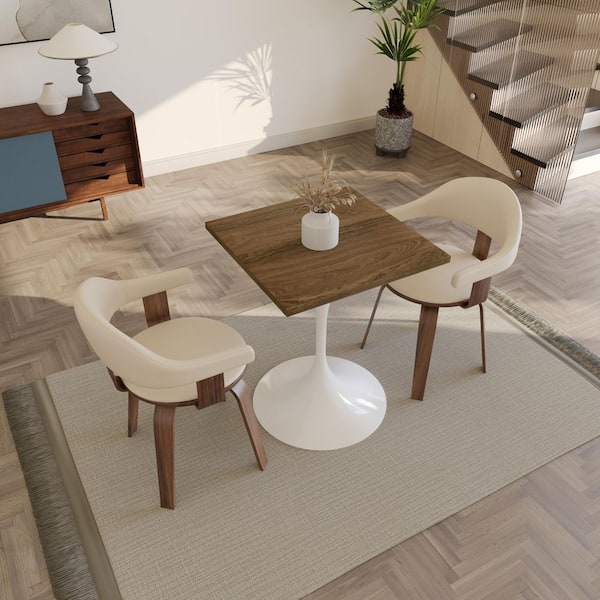 Leisuremod Verve 24 in. Wide Square Dining Table MDF Wood Tabletop in Black Stainless Steel Pedestal Base Seats 2 in Dark Maple