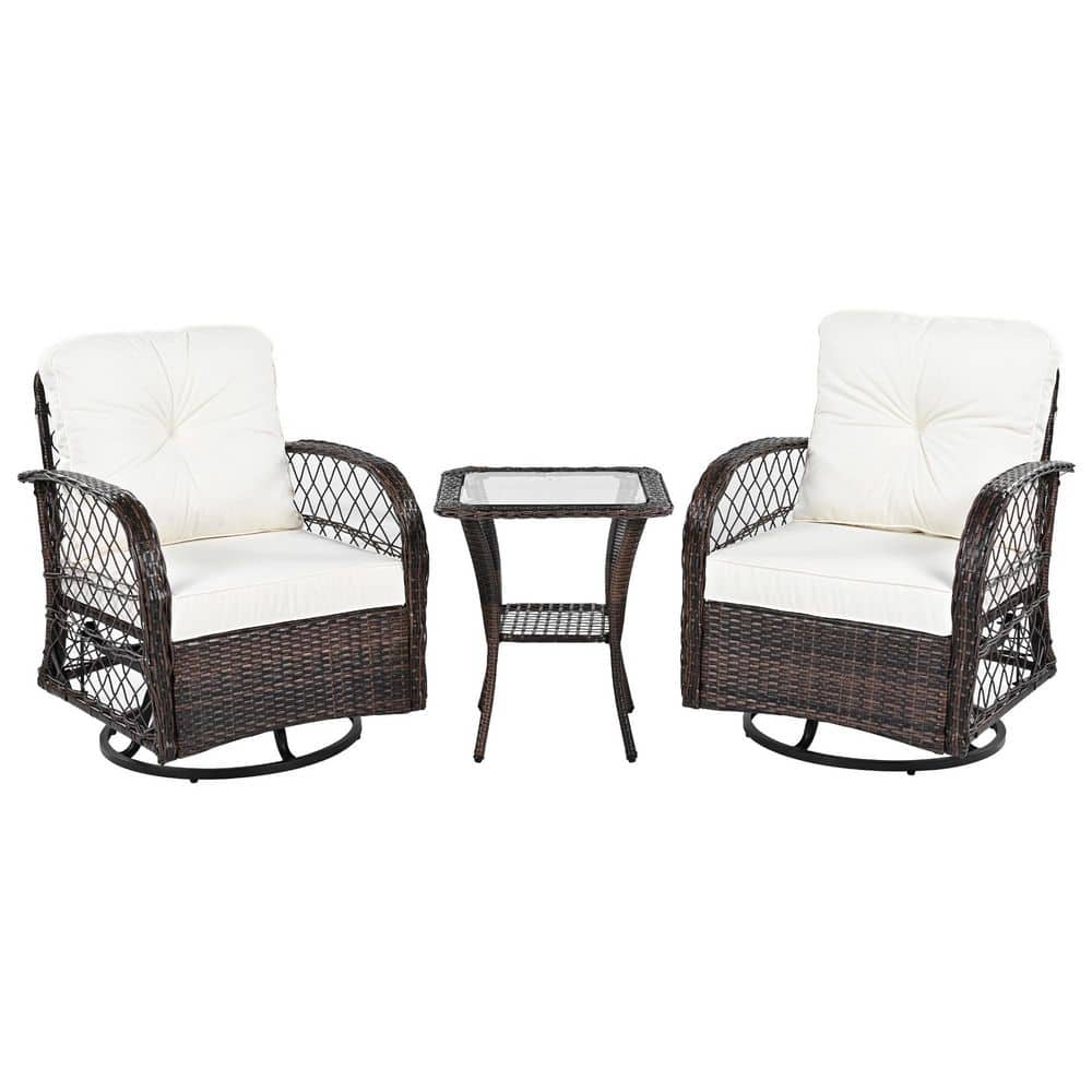 3 Piece Wicker Outdoor Bistro Set with White Cushions, Two Swivel Chairs an