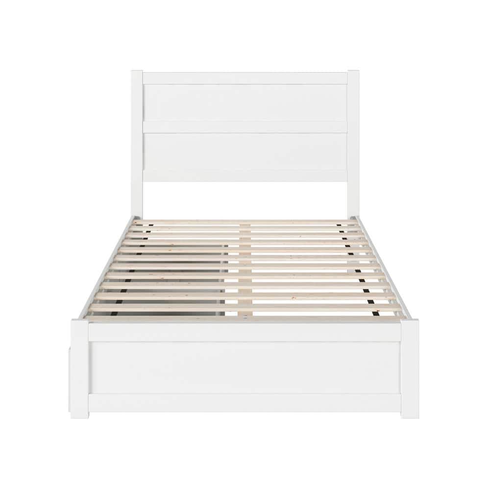 White Twin Platform Bed with Storage Drawers and Headboard