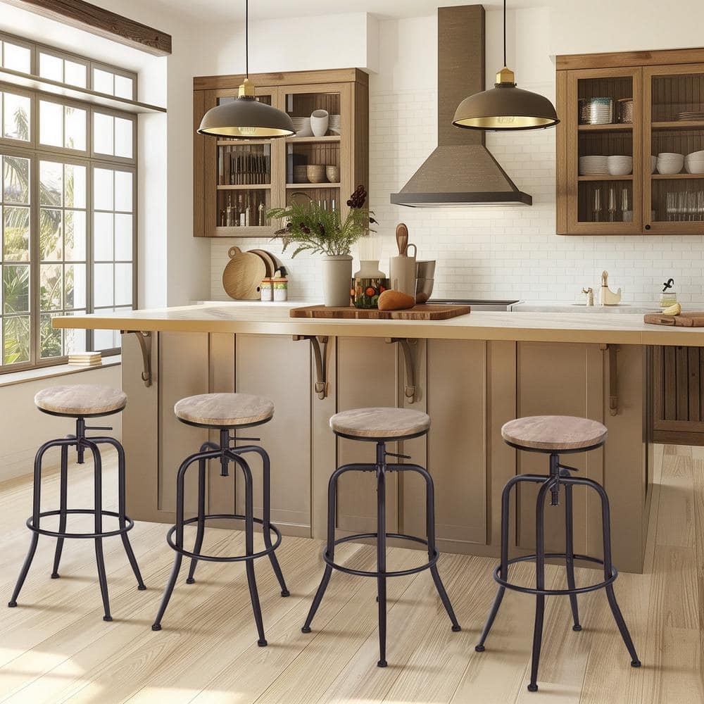 AMA 30 in. Oak Wood Grain Backless Metal Frame Adjustable Height Bar Stool (Set of 2)