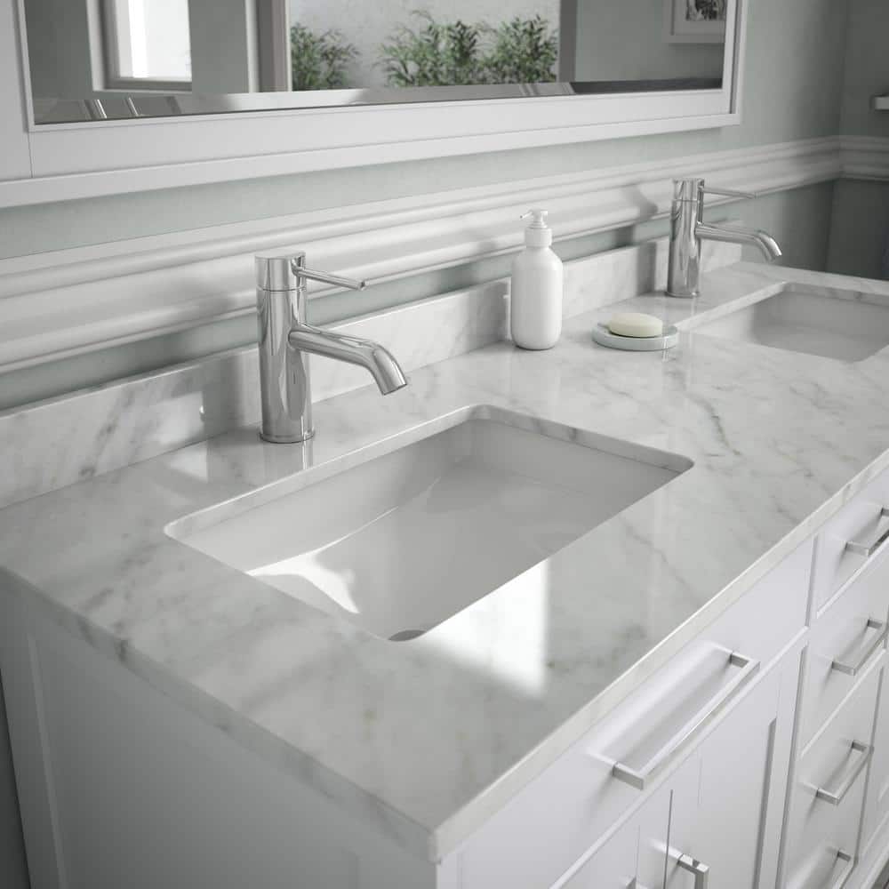 60'' White Carrara Marble Double Vanity Top with Porcelain Sinks