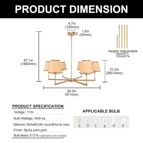 Emeritpro 6-Light Champagne Gold Traditional Chandelier with Woven