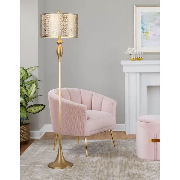 63 in. Gold Contemporary 1-Light Smart 3-Way Standard Floor Lamp for Living Room with Linen Drum Shade
