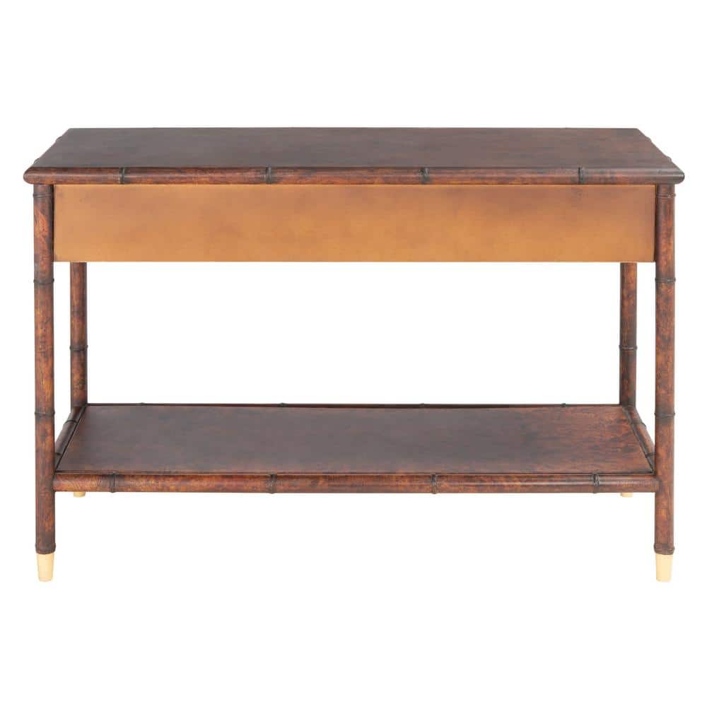 Tudor Inspired Dark Brown Wood Console Table with Gold Accents