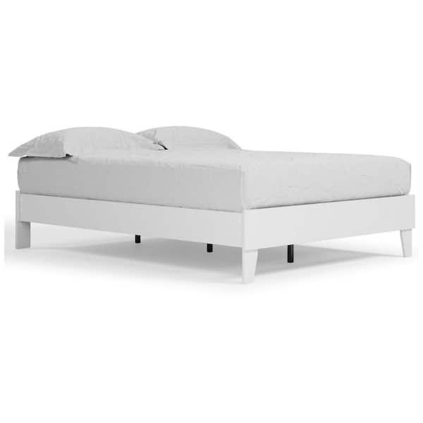 Benjara White Wooden Frame Queen Platform Bed with Platform Style