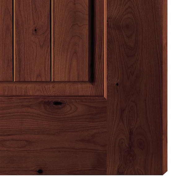 60 in. x 80 in. Rustic Knotty Alder 2-Panel Arch Top VG Both Active Red Mahogany Stain Wood Double Prehung Interior Door