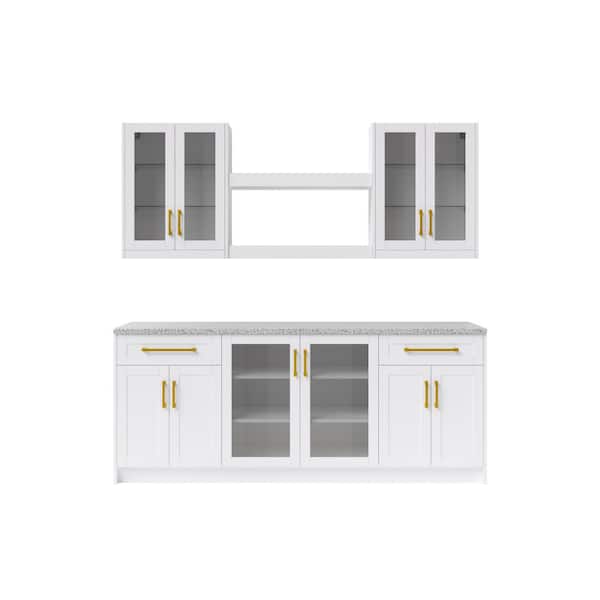 NewAge Products 8-Piece White Home Bar Cabinet Set with Contemporary Brushed Brass Handles