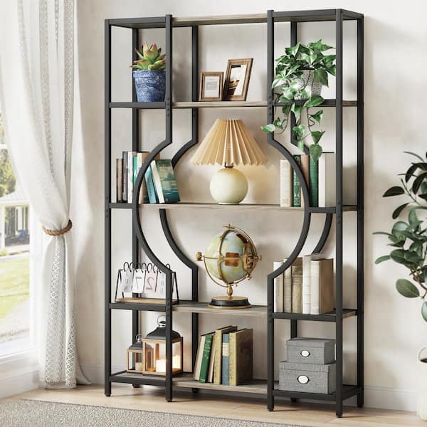 BYBLIGHT Eulas 66.53 in. Tall Gray Wood 12-Shelf Etagere Standard Bookcase with 5-Tier Display Shelves Book Storage Organizer