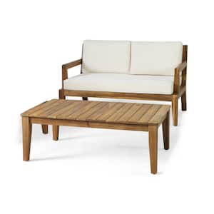 Pates Teak Acacia Wood Outdoor Loveseat and Coffee Table Set with Beige Cushions