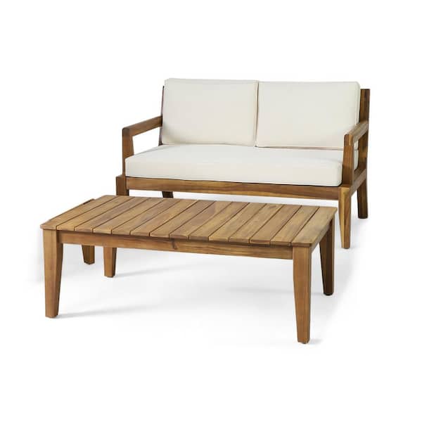 Pates Teak Acacia Wood Outdoor Loveseat and Coffee Table Set with Beige Cushions