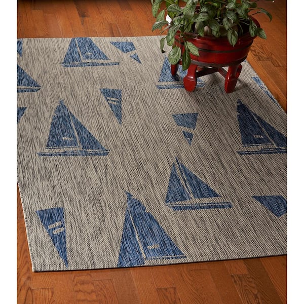 Clover Coastal Gray/Blue 5 ft. x 7 ft. Sails Up Boat Indoor/Outdoor Area Rug