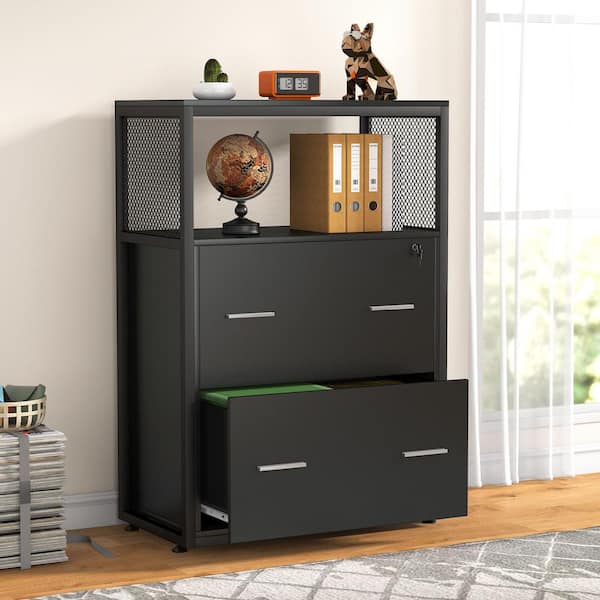 BYBLIGHT Atencio Black File Cabinet with Lock Lateral Filing Cabinet Letter/Legal/A4 Size