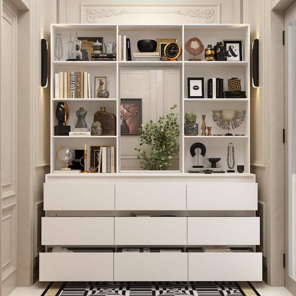 White Wood 78.5 in. H Accent Storage Cabinet Console Cabinet with 9-Drawers, Mirror, Bookshelf for Living room, Hallway