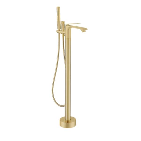 CASAINC Single-Handle Freestanding Floor Mount Tub Filler Faucet with Handheld Shower in Brushed Gold