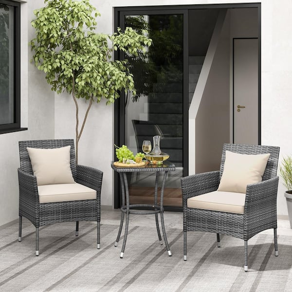 ANGELES HOME 3-Piece Wicker Patio Conversation Set with White Cushions Patio Chairs and Tempered Glass Coffee Table