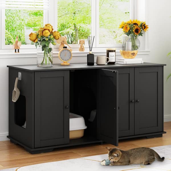 Cat Litter Box Enclosure for 2 Cats, Modern Hidden Litter Box Furniture, Indoor Cat Washroom Bench for Living Room Black