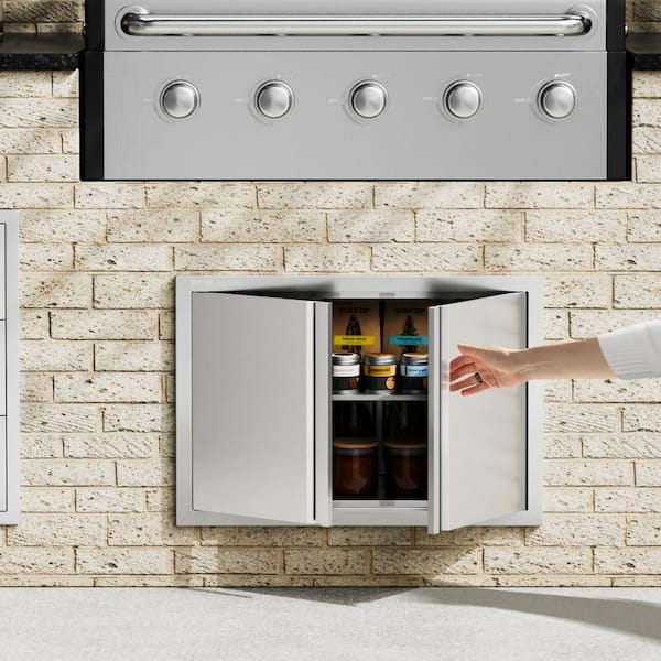 Double Outdoor Kitchen Door 28 in. W x 19 in. H BBQ Access Door Stainless Steel Flush Mount Door with Recessed Handles