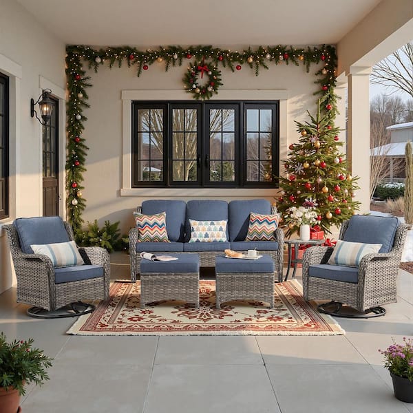 Moonlight Gray 6-Piece Wicker Patio Conversation Seating Sofa Set with Denim Blue Cushions and Swivel Rocking Chairs