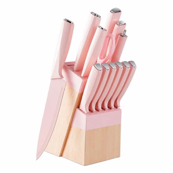 14-Piece Kitchen Knife Block Set with Wooden Block and Sharpener, Dishwasher-Safe Non-Stick Stainless