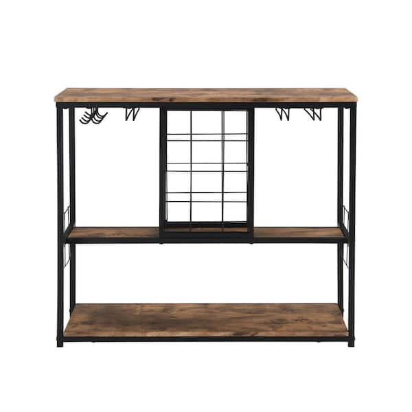 Unbranded Industrial 12-Bottle Brown Wine Rack Table with Glass Holder, Wine Bar Cabinet with Storage