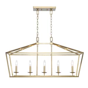 Weyburn 36 in. 5-Light Gold Farmhouse Linear Chandelier Light Fixture with Caged Metal Shade