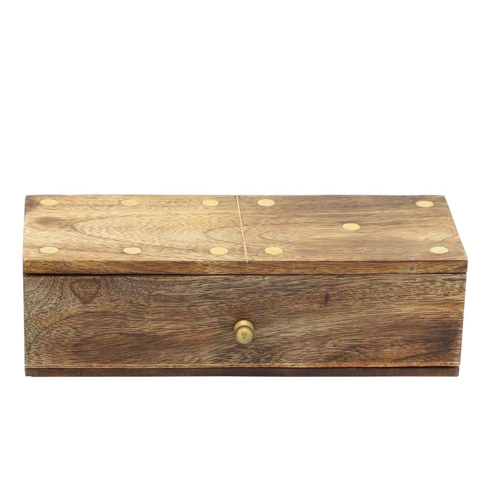Brown Mango Wood and Brass Dominoes Set with Storage Box