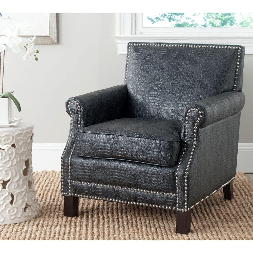 Black Crocodile Leather and Wood Accent Chair