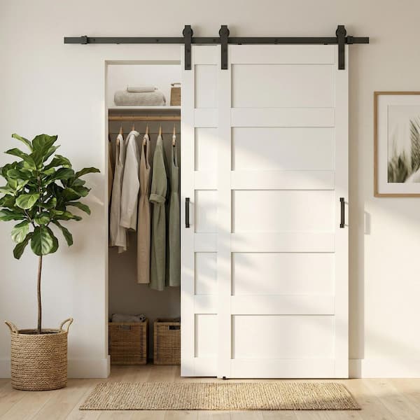 77 in. x 84 in. (Double 42 in.) 5-Panel White MDF Interior Double Bypass Sliding Barn Door with Hardware Kit