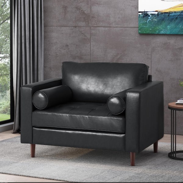 CHRISTOPHER KNIGHT HOME Black Faux Leather Armchair Club Chair with 2 Arm Pillows and Solid Birch Wood Legs