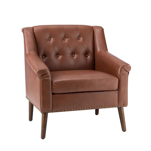 JAYDEN CREATION Nycteus Brown Vegan Leather Armchair with Nailhead Trim