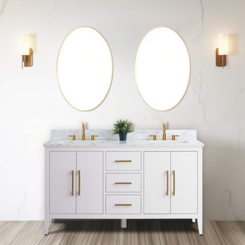 60" White Double Sink Bathroom Vanity with Gold Hardware