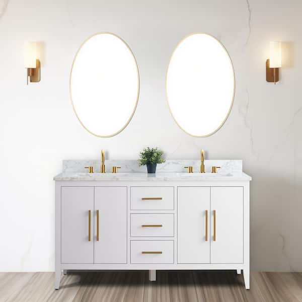60 in. W x 22 in. D x 34 in. H Double Sink Bathroom Vanity Cabinet in White with Engineered Marble Top in White