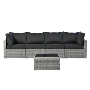Messi Gray 5-Piece Wicker Outdoor Patio Conversation Sectional Sofa Set with Black Cushions