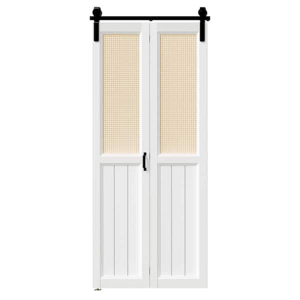 TENONER 36 in. x 84 in. White, Webbing & Wood, MDF, Bi-Fold Style Sliding Barn Door with Hardware Kit
